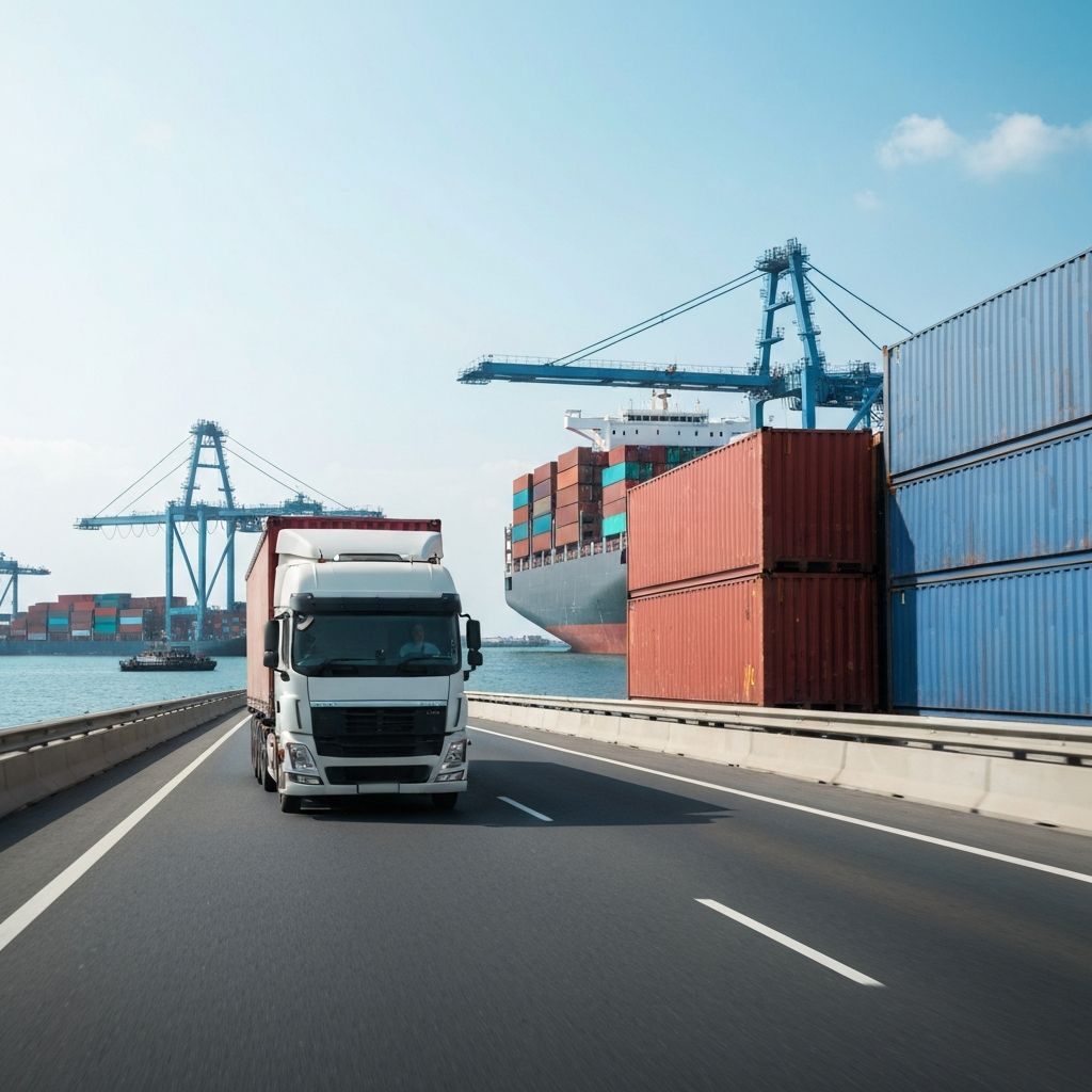 Air and ocean freight services - cargo trucks and container ships at Port Newark for logistics and freight forwarding